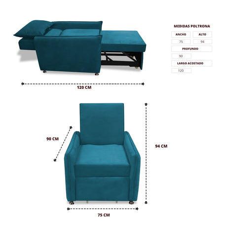 Silla Multipropósito Napoli Turquesa 75x94cm de Un Puesto Reclinable Antifluido y sin Apoya Brazos - SOFAS Y POLTRONAS | Bylmo