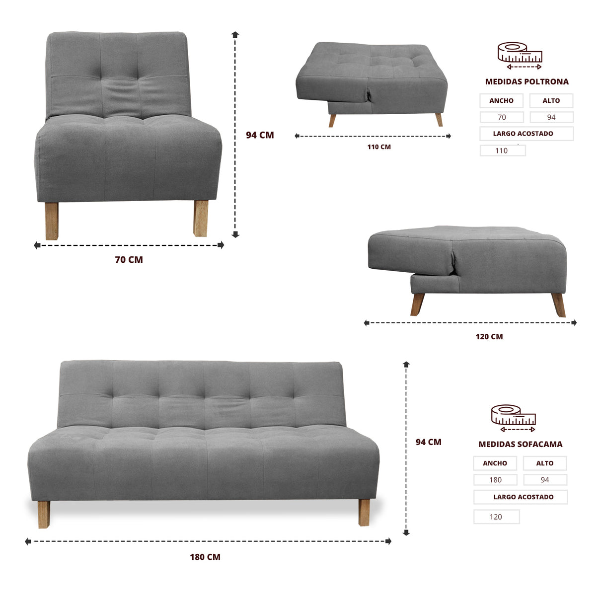 Sala Clic Clac Gris 180x94cm de Cinco Puestos Reclinable Antifluido y sin Apoya Brazos - SOFAS Y POLTRONAS | Bylmo