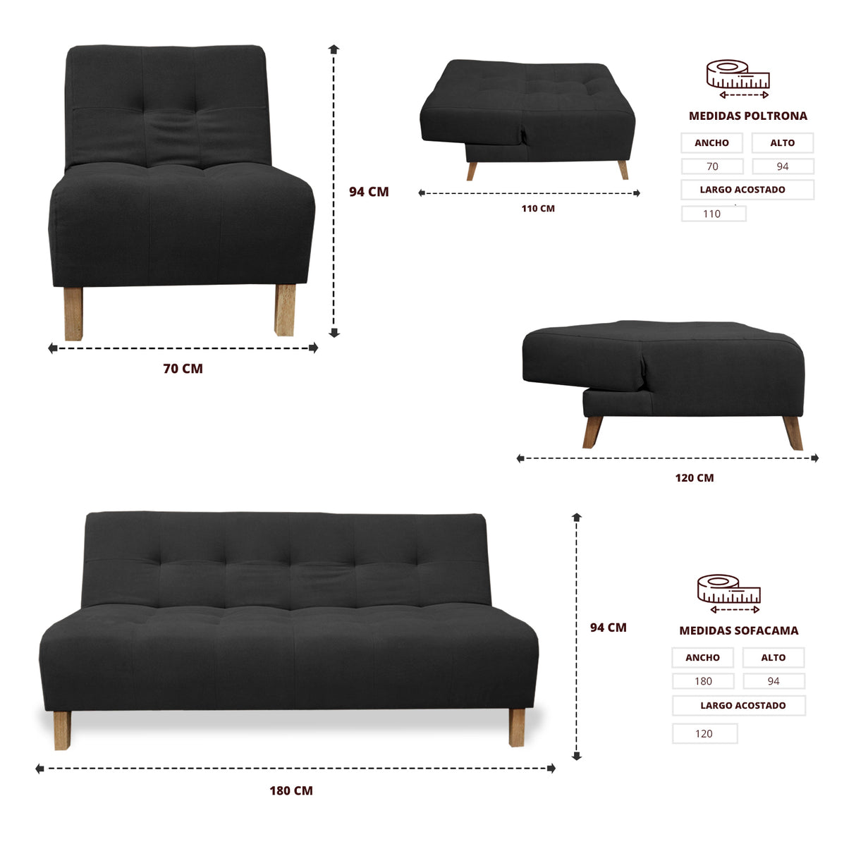 Sala Clic Clac Negro 180x94cm de Cinco Puestos Reclinable Antifluido y sin Apoya Brazos - SOFAS Y POLTRONAS | Bylmo