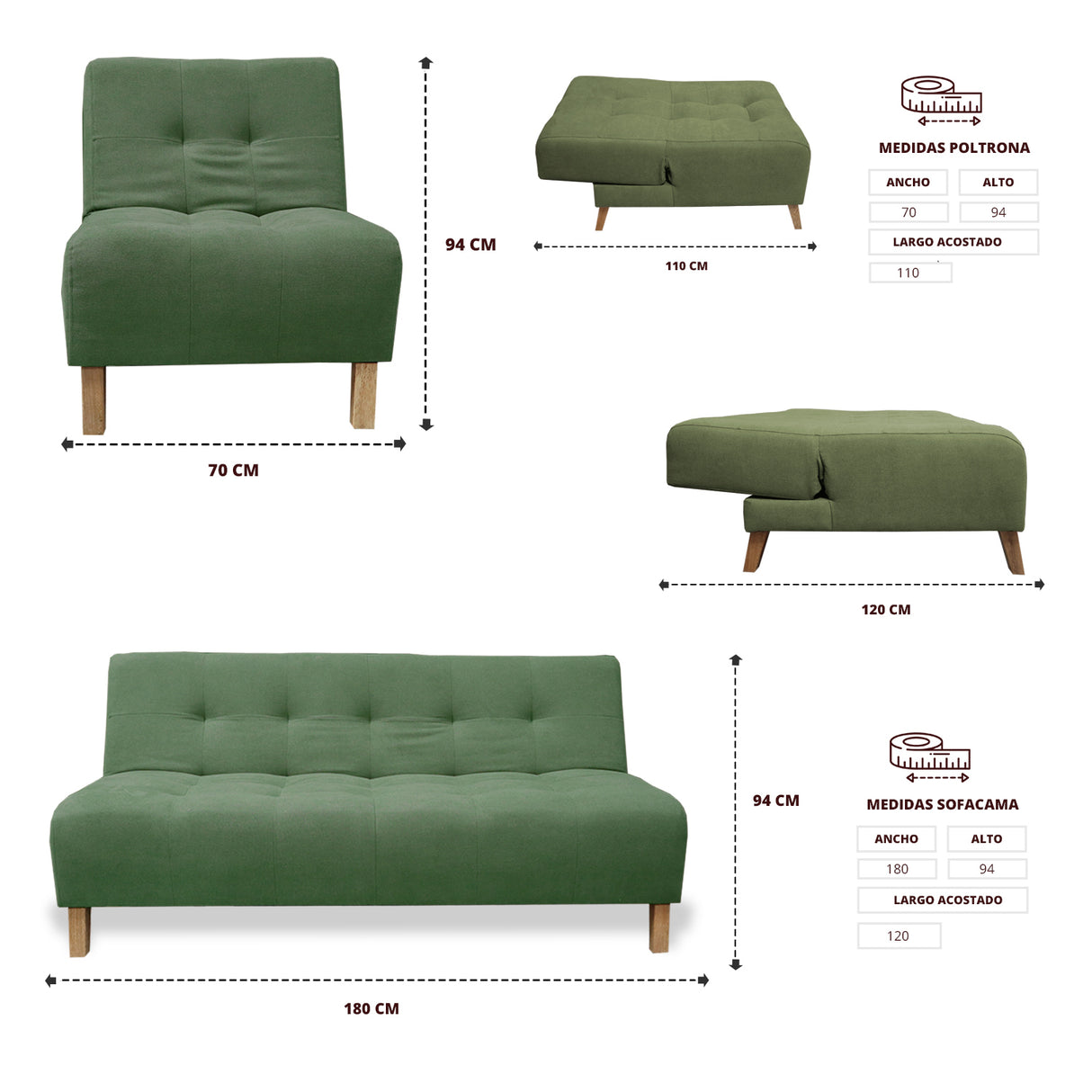 Sala Clic Clac Verde 180x94cm de Cinco Puestos Reclinable Antifluido y sin Apoya Brazos - SOFAS Y POLTRONAS | Bylmo