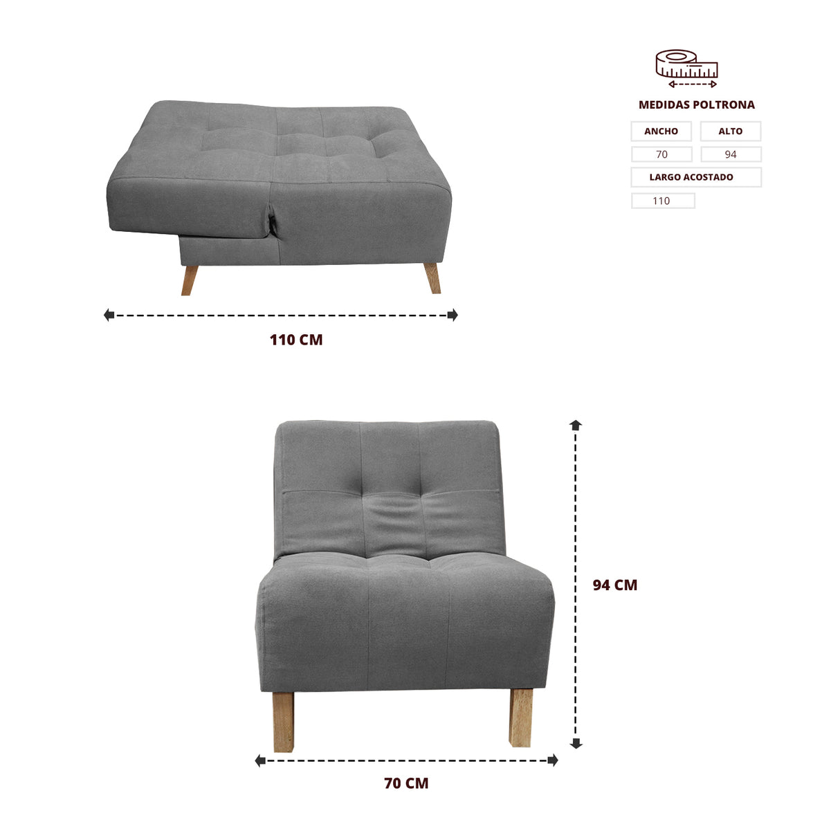 Poltrona Egli Gris 70x94cm de Un Puesto Reclinable Antifluido y sin Apoya Brazos - SOFAS Y POLTRONAS | Bylmo