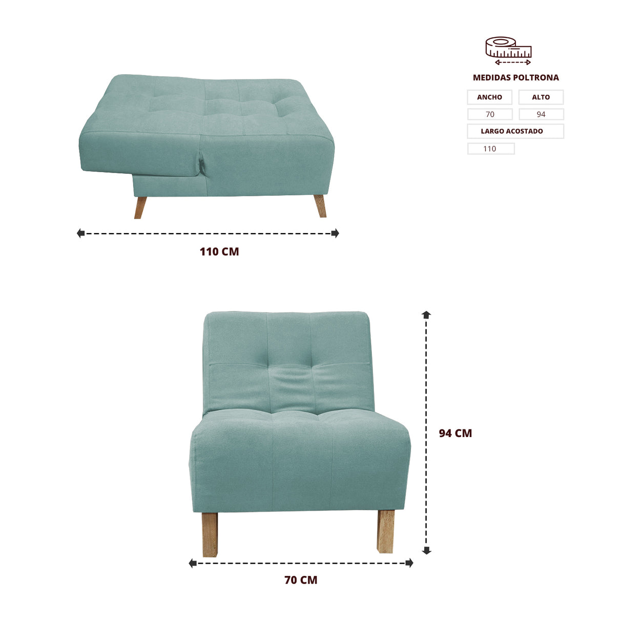 Poltrona Egli Menta 70x94cm de Un Puesto Reclinable Antifluido y sin Apoya Brazos - SOFAS Y POLTRONAS | Bylmo