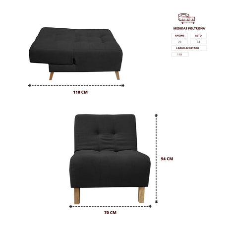 Poltrona Egli Negro 70x94cm de Un Puesto Reclinable Antifluido y sin Apoya Brazos - SOFAS Y POLTRONAS | Bylmo
