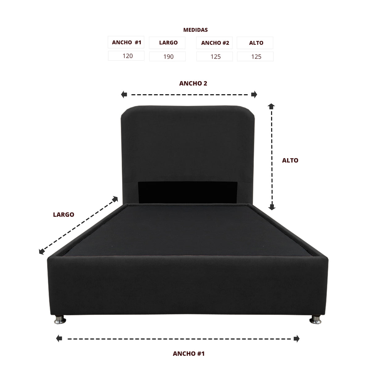 Combo Base Cama y Cabecero Comfort Negro para Cama Semidoble 120 X 190 Cm con Patas - CAMAS | Bylmo