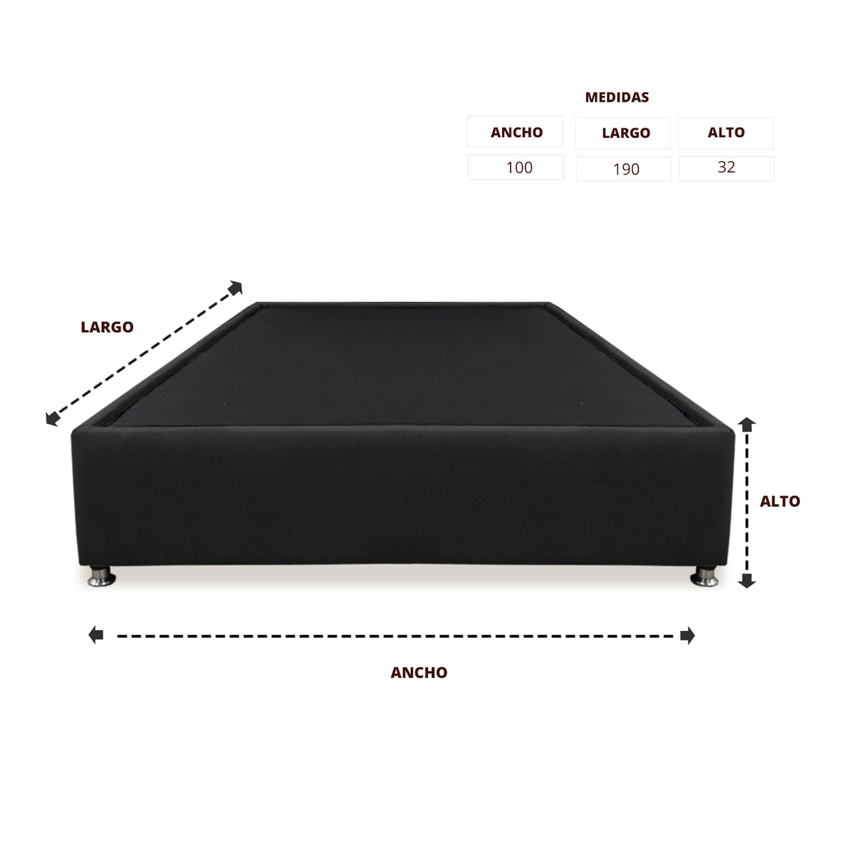 Base Cama Graf Negro para Cama Sencilla 100 X 190 Cm con Patas - CAMAS | Bylmo