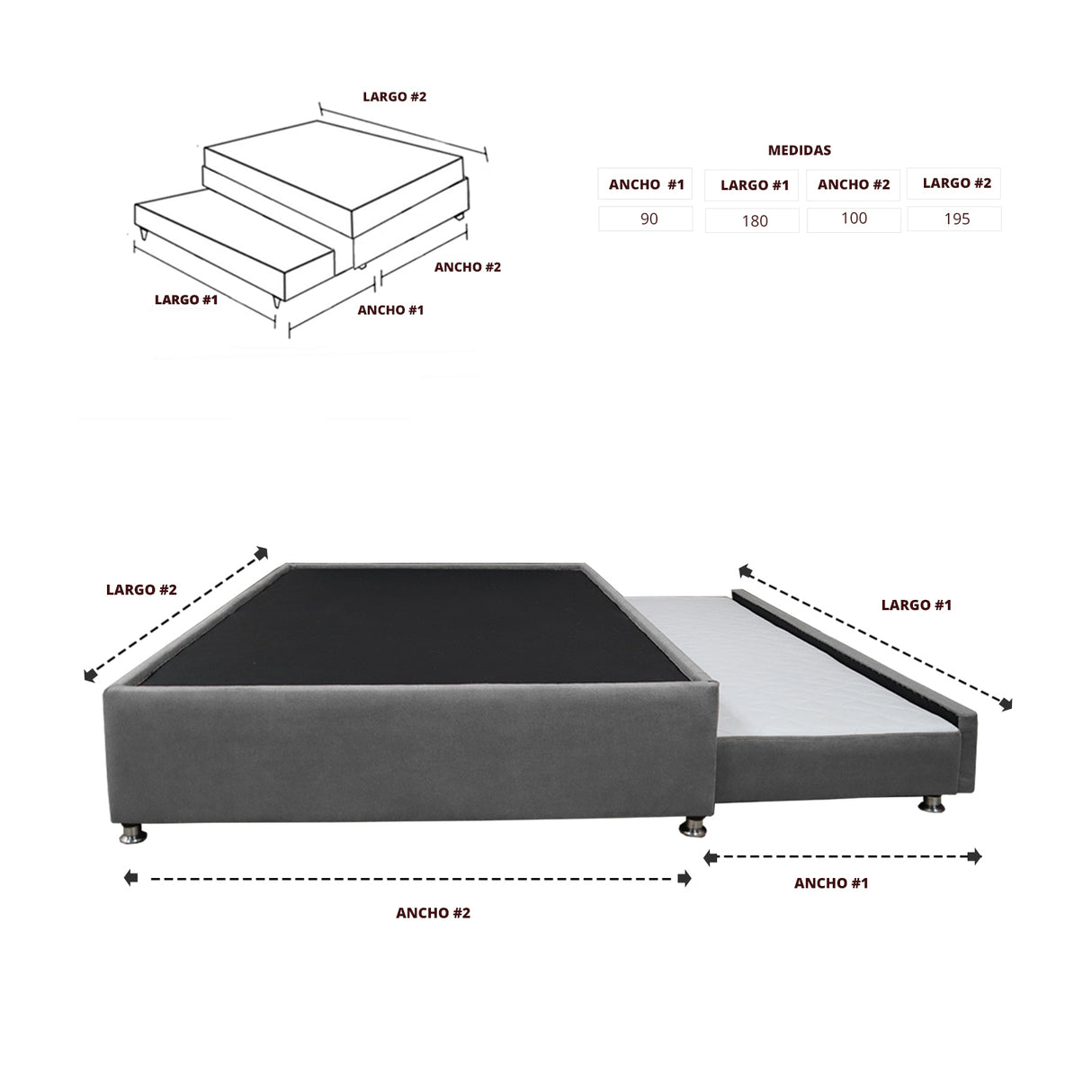 Cama Tarima Nido Comfort Gris para Cama Sencilla 100 X 190 Cm con Patas - CAMAS | Bylmo