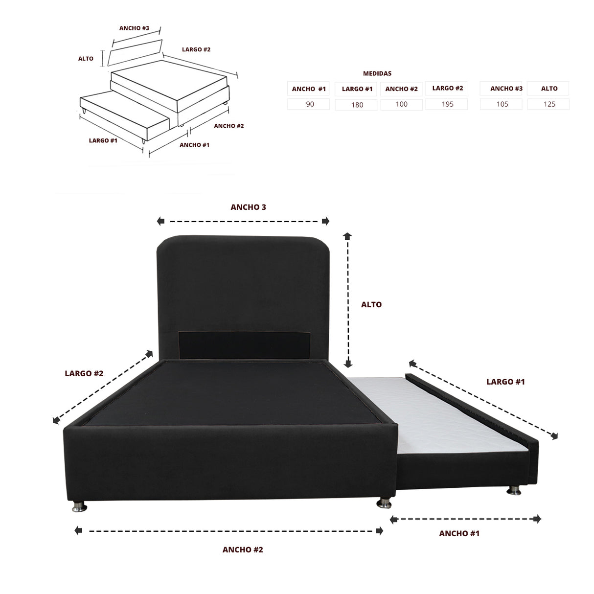Combo Cama Tarima Nido y Cabecero Comfort Negro para Cama Sencilla 100 X 190 Cm con Patas - CAMAS | Bylmo
