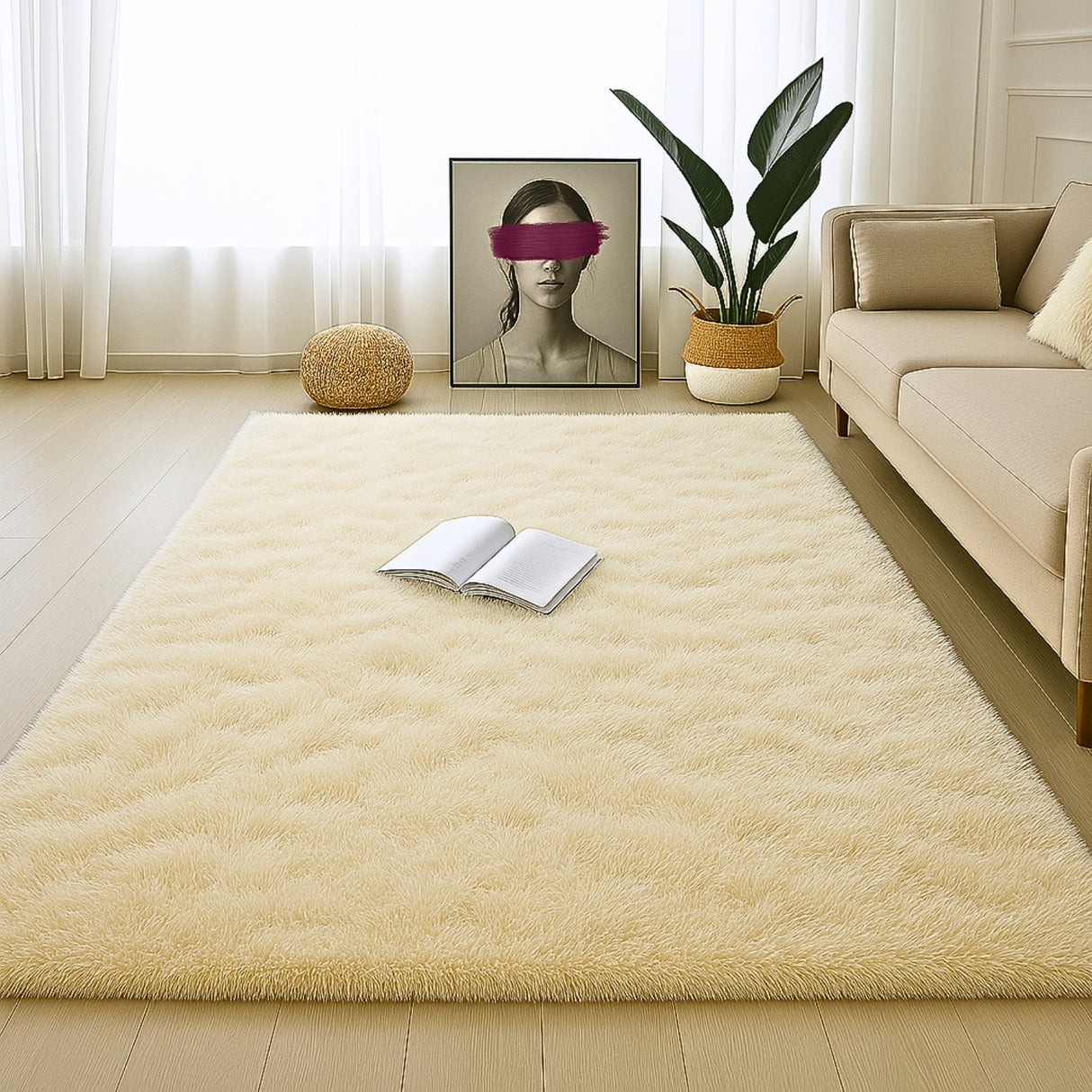Alfombra de Peluche Rectangular Beige Claro 150x200cm Fondo Entero Suave Antideslizante para Sala De Estar - TAPETES Y ALFOMBRAS | Bylmo