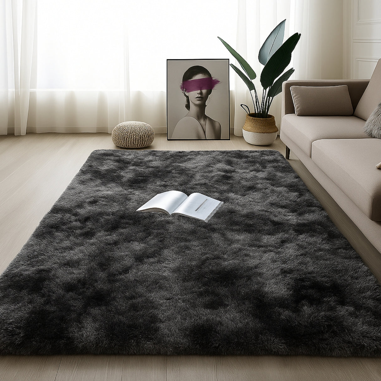 Alfombra de Peluche Rectangular Negro Mate 150x200cm Fondo Entero Suave Antideslizante para Sala De Estar - TAPETES Y ALFOMBRAS | Bylmo