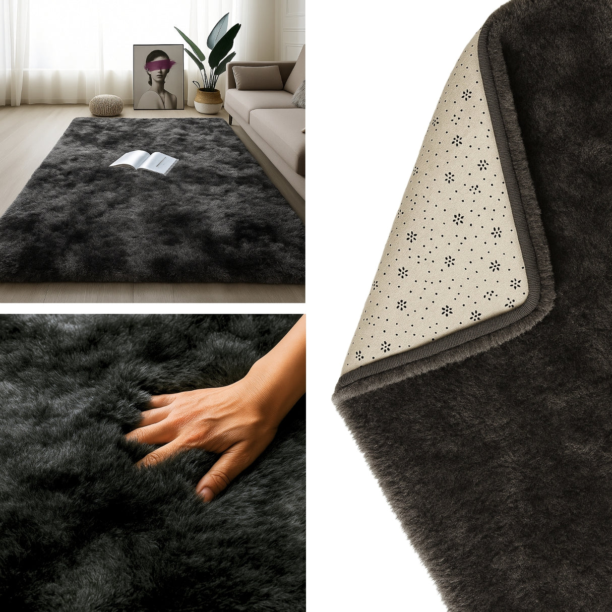 Alfombra de Peluche Rectangular Negro Mate 150x200cm Fondo Entero Suave Antideslizante para Sala De Estar - TAPETES Y ALFOMBRAS | Bylmo