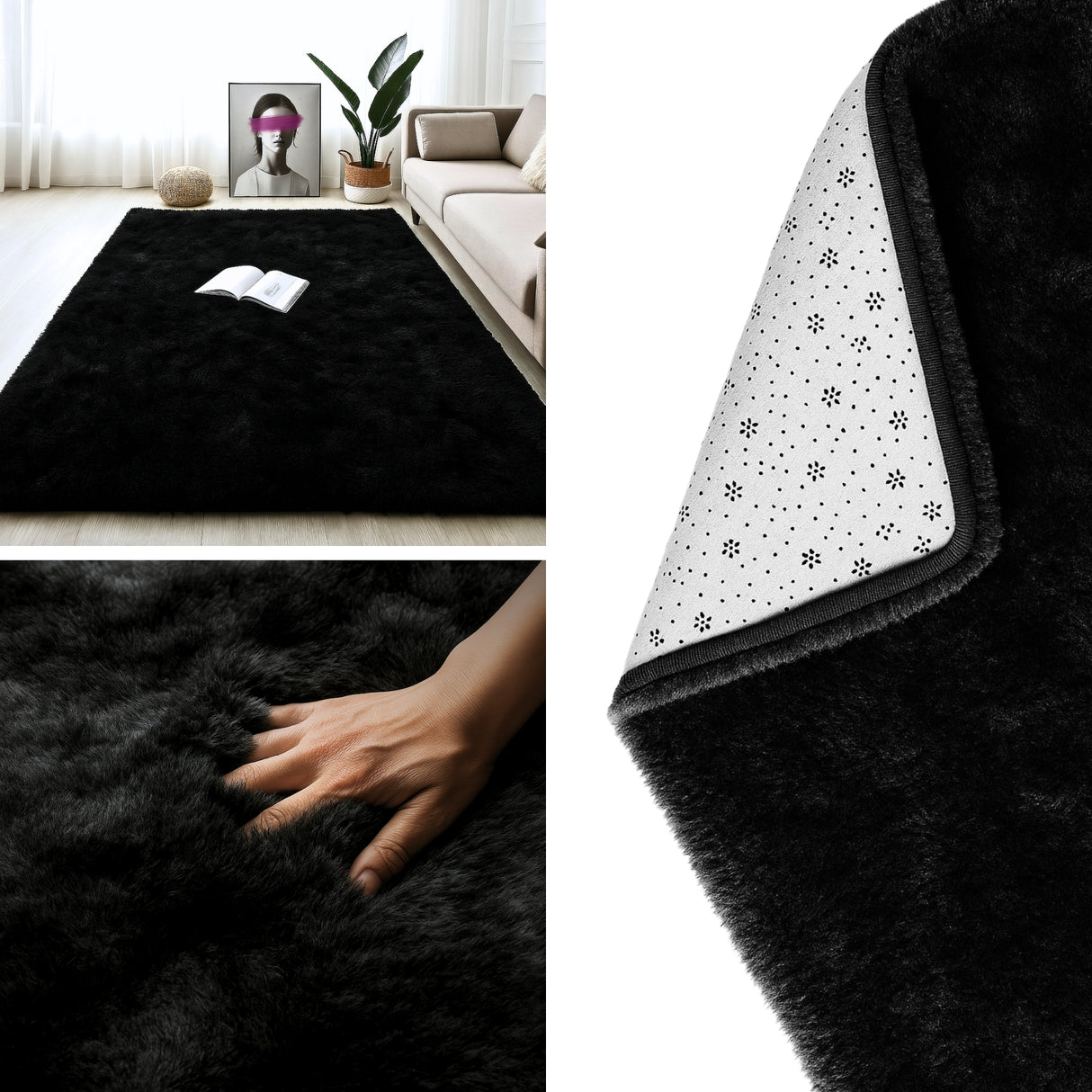 Alfombra de Peluche Rectangular Negro 150x200cm Fondo Entero Suave Antideslizante para Sala De Estar - TAPETES Y ALFOMBRAS | Bylmo