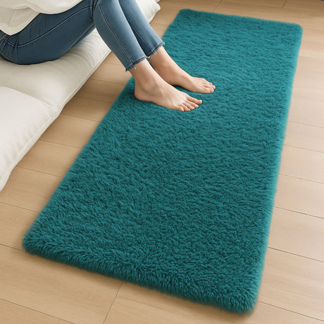 Alfombra de Peluche Rectangular Turquesa 60x150cm Fondo Entero Suave Antideslizante para Dormitorio - TAPETES Y ALFOMBRAS | Bylmo