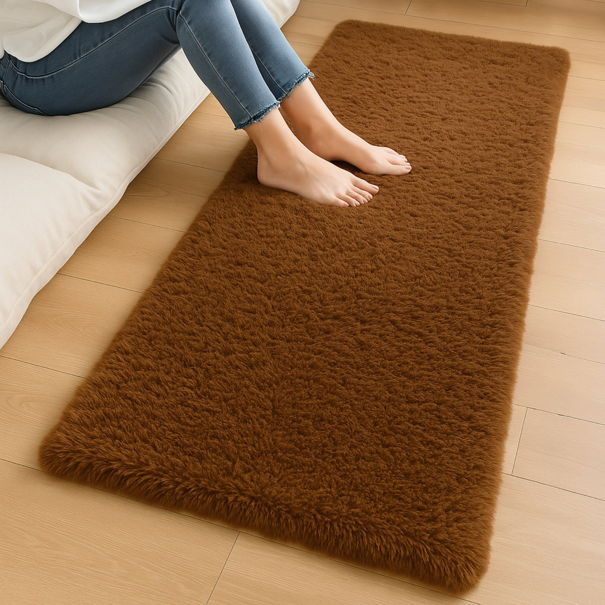 Alfombra de Peluche Rectangular Marron 60x150cm Fondo Entero Suave Antideslizante para Dormitorio - TAPETES Y ALFOMBRAS | Bylmo