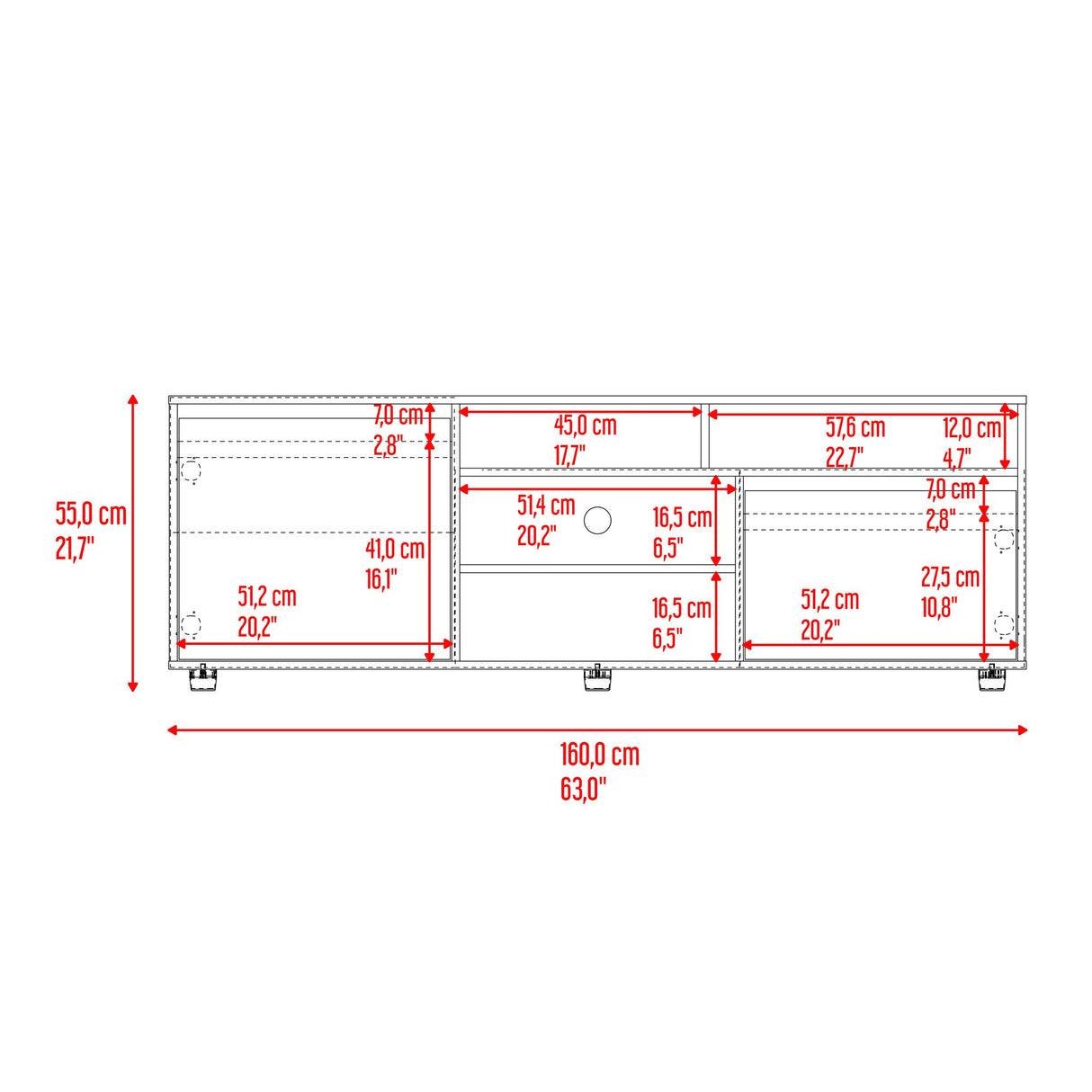 Rack de TV Pino Fresno Europeo 160x55cm Para TV Hasta 70" Pulgadas con Seis Compartimientos - MUEBLES DE TV | Bylmo