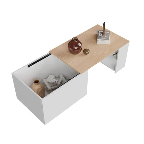 Mesa de Centro Extensible Blanco y Vienes 80x40cm Rectangular con Compartimiento - MESAS DE CENTRO | Bylmo
