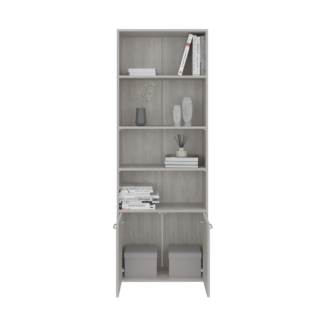 Biblioteca Lisa Cemento 63x180cm Rectangular con Cuatro Entrepaños y con Cinco Compartimientos - BIBLIOTECAS Y ESTANTERIAS | Bylmo