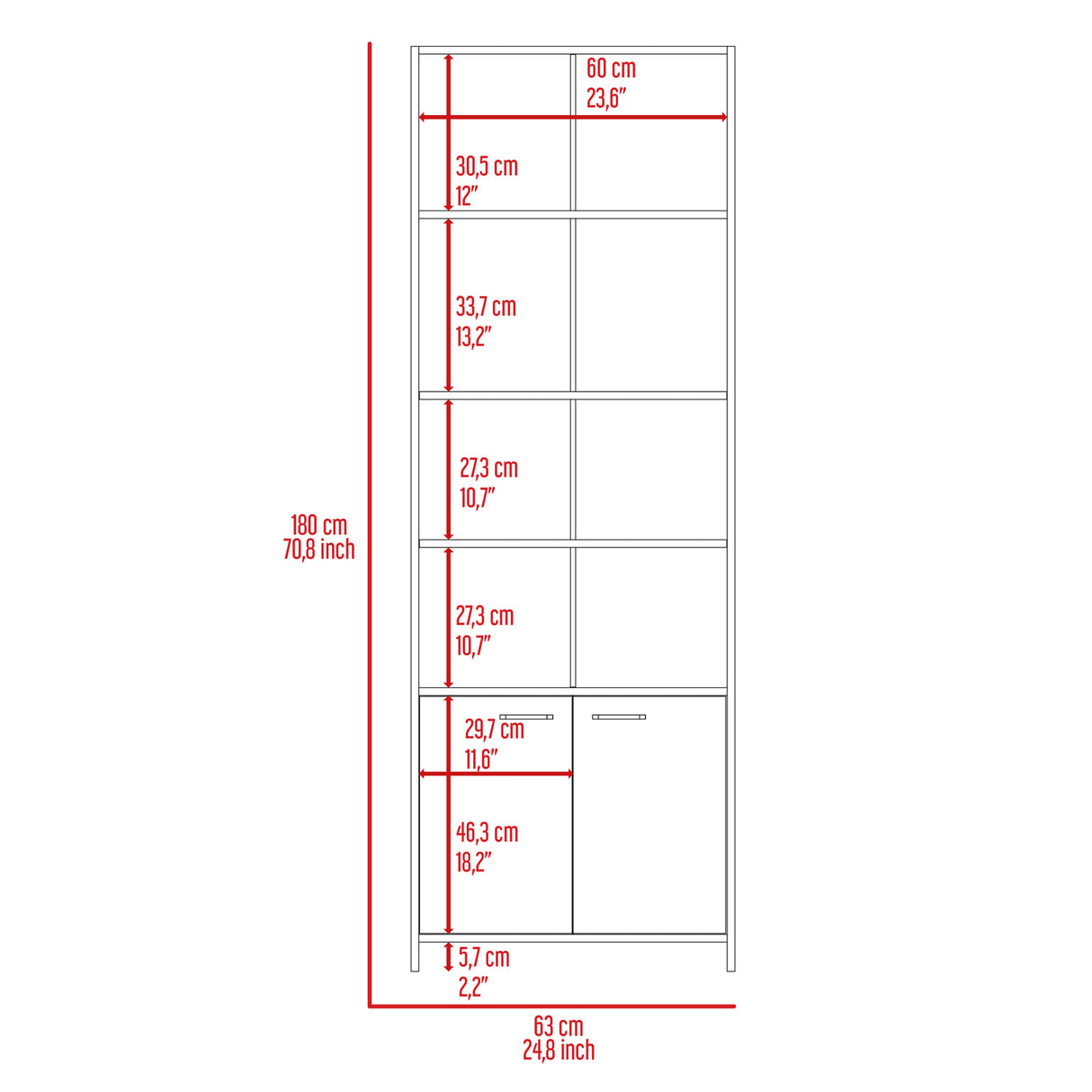 Biblioteca Lisa Cemento 63x180cm Rectangular con Cuatro Entrepaños y con Cinco Compartimientos - BIBLIOTECAS Y ESTANTERIAS | Bylmo