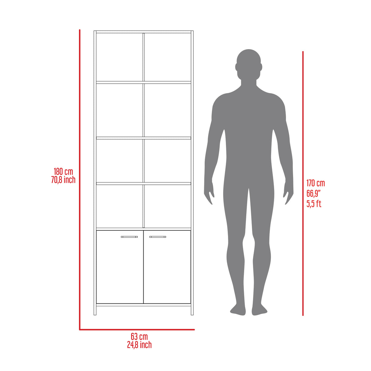 Biblioteca Lisa Cemento 63x180cm Rectangular con Cuatro Entrepaños y con Cinco Compartimientos - BIBLIOTECAS Y ESTANTERIAS | Bylmo