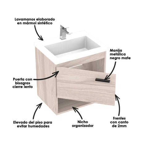 Kit Mueble con Lavamanos Flotante Polock Soder Mali 48x48cm Individual con Lavamanos de Sobreponer - MUEBLES PARA LAVAMANOS | Bylmo