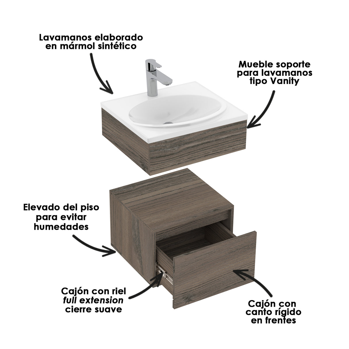 Kit Mueble con Lavamanos Flotante Godai Mitte Tambo 48x48cm Individual con Lavamanos de Sobreponer y con Un Cajón - MUEBLES PARA LAVAMANOS | Bylmo