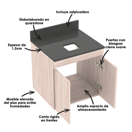 Mueble para Lavamanos Flotante Basico Soder Mali 48x48cm Individual con Mesón de Quartzone - MUEBLES PARA LAVAMANOS | Bylmo
