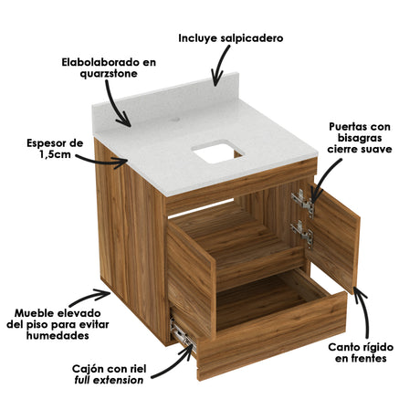 Mueble para Lavamanos Flotante Macao Gracia 48x48cm Individual con Mesón de Quartzone y con Un Cajón - MUEBLES PARA LAVAMANOS | Bylmo