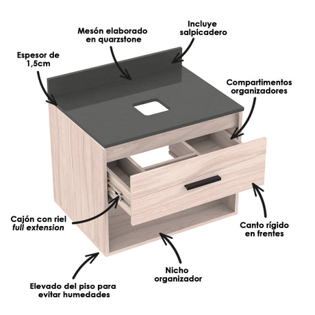 Mueble para Lavamanos Flotante Picasso Soder Mali 63x48cm Individual con Mesón de Quartzone y con Un Cajón - MUEBLES PARA LAVAMANOS | Bylmo