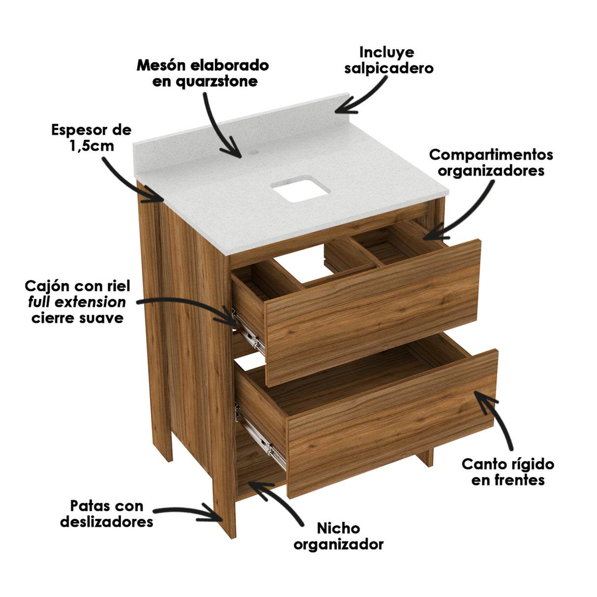 Mueble para Lavamanos Otus Gracia 63x84cm Individual con Mesón de Quartzone y con Dos Cajones - MUEBLES PARA LAVAMANOS | Bylmo