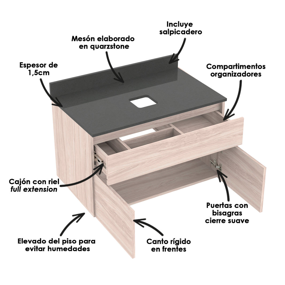 Mueble para Lavamanos Flotante Macao Soder Mali 79x48cm Individual con Mesón de Quartzone y con Un Cajón - MUEBLES PARA LAVAMANOS | Bylmo
