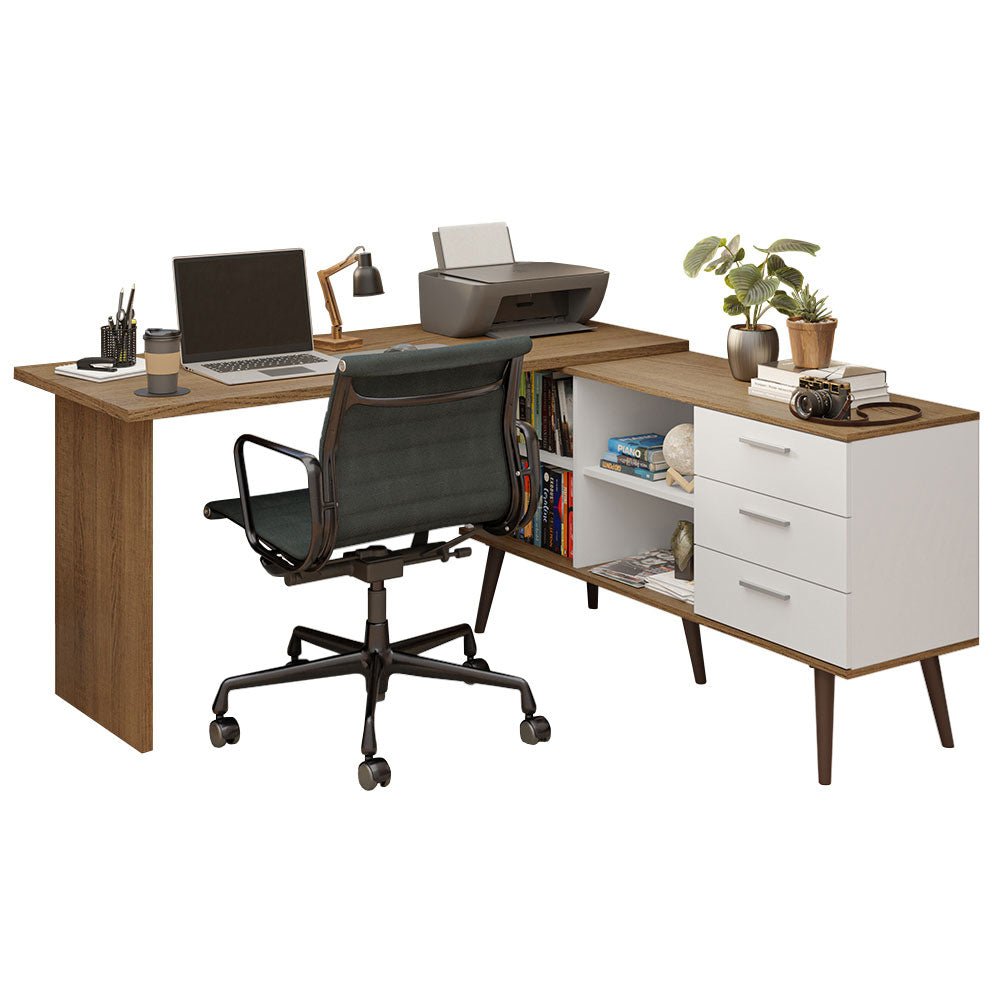 Escritorio en L Lisboa Blanco y Marron 255x74cm con Organizador de Libros y con Archivador - ESCRITORIOS | Bylmo