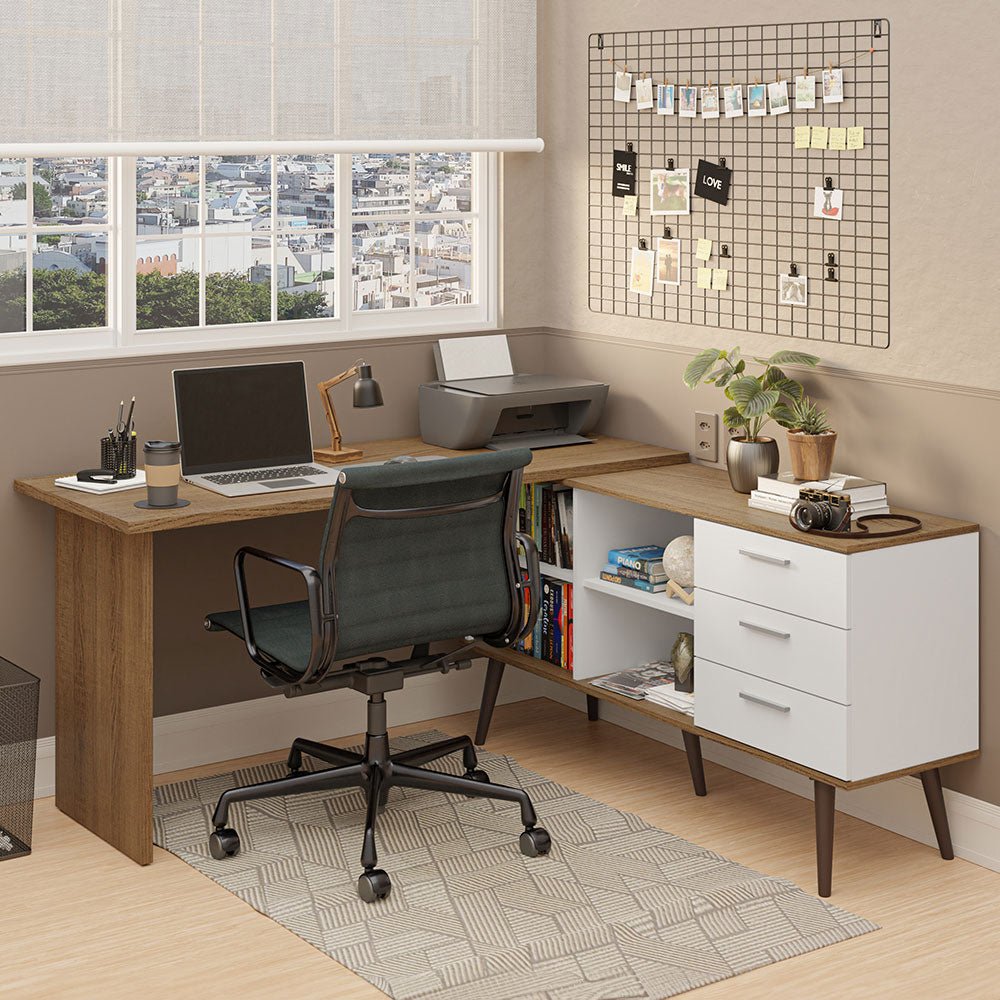 Escritorio en L Lisboa Blanco y Marron 255x74cm con Organizador de Libros y con Archivador - ESCRITORIOS | Bylmo