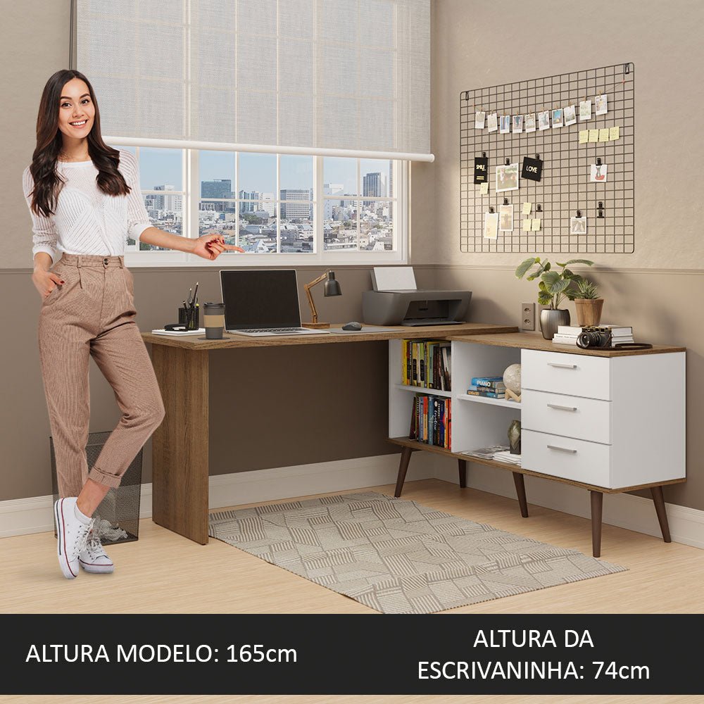 Escritorio en L Lisboa Blanco y Marron 255x74cm con Organizador de Libros y con Archivador - ESCRITORIOS | Bylmo