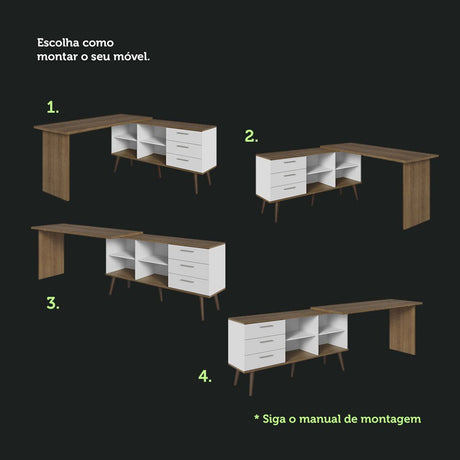 Escritorio en L Lisboa Blanco y Marron 255x74cm con Organizador de Libros y con Archivador - ESCRITORIOS | Bylmo