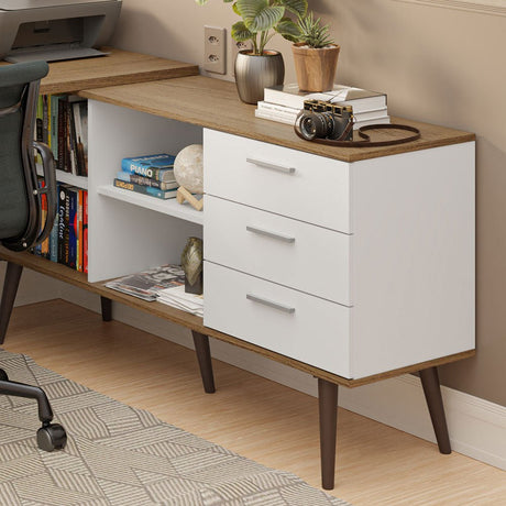 Escritorio en L Lisboa Blanco y Marron 255x74cm con Organizador de Libros y con Archivador - ESCRITORIOS | Bylmo