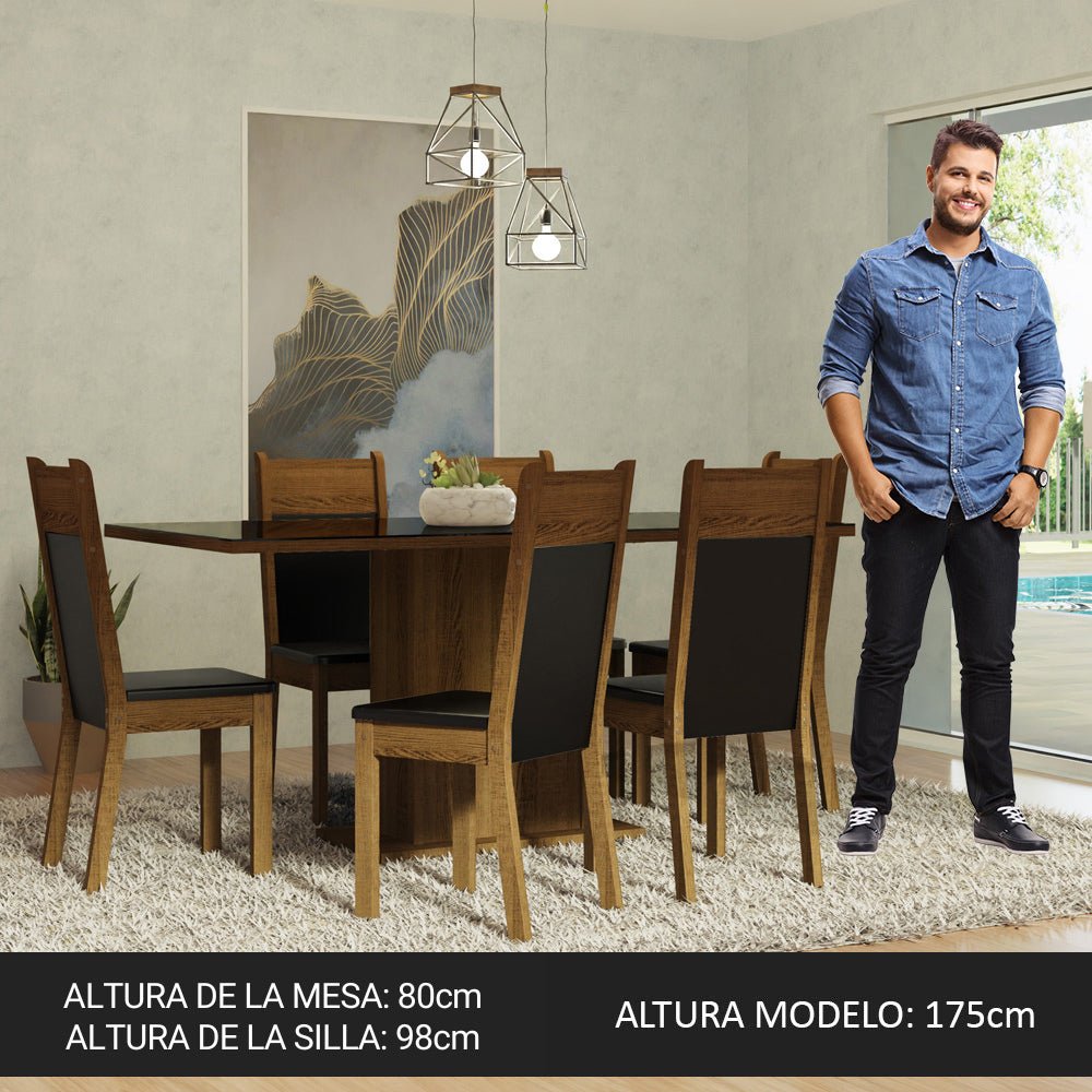 Combo Comedor y Sillas Francine Negro y Marron 160x80cm Rectangular de Seis Puestos con Seis Sillas - COMEDORES | Bylmo
