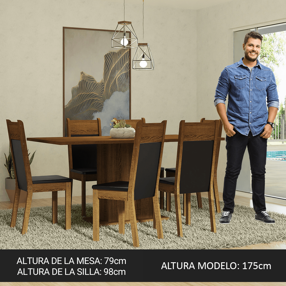 Combo Comedor y Sillas Augusta Marron y Negro 160x79cm Rectangular de Seis Puestos con Seis Sillas - COMEDORES | Bylmo