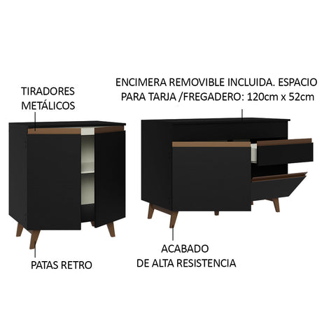Set X 2 Muebles Inferiores de Cocina Reims Negro 190x83cm con Mesón de Madera Aglomerada MPD y sin Estufa - MUEBLES INFERIORES DE COCINA | Bylmo