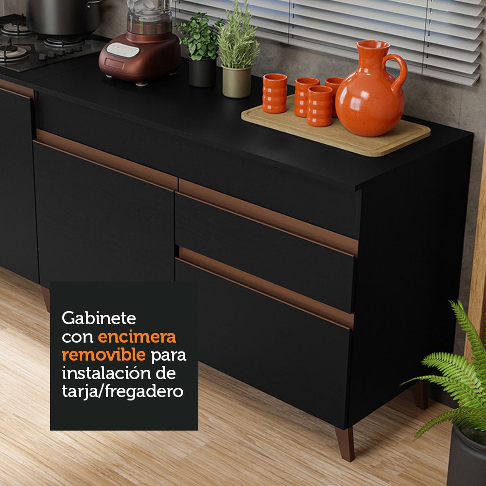 Set X 2 Muebles Inferiores de Cocina Reims Negro 190x83cm con Mesón de Madera Aglomerada MPD y sin Estufa - MUEBLES INFERIORES DE COCINA | Bylmo