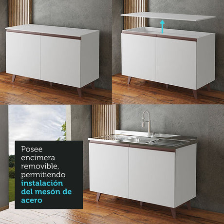 Combo Mueble Superior e Inferior de Cocina Reims Blanco 120x210cm con Mesón de Madera Aglomerada MPD y sin Estufa - MUEBLES INFERIORES DE COCINA | Bylmo