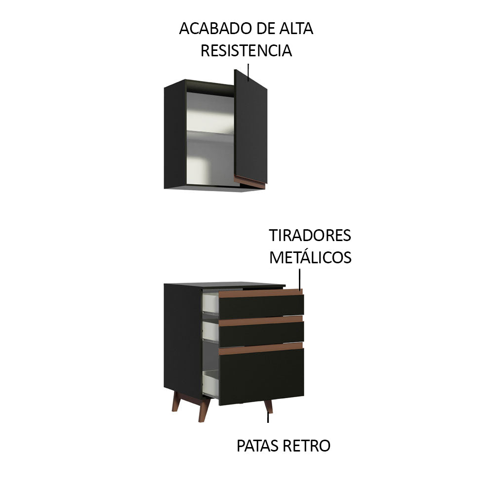 Combo Mueble Superior e Inferior de Cocina Reims Negro 60x210cm con Mesón de Madera Aglomerada MPD y sin Estufa - MUEBLES INFERIORES DE COCINA | Bylmo