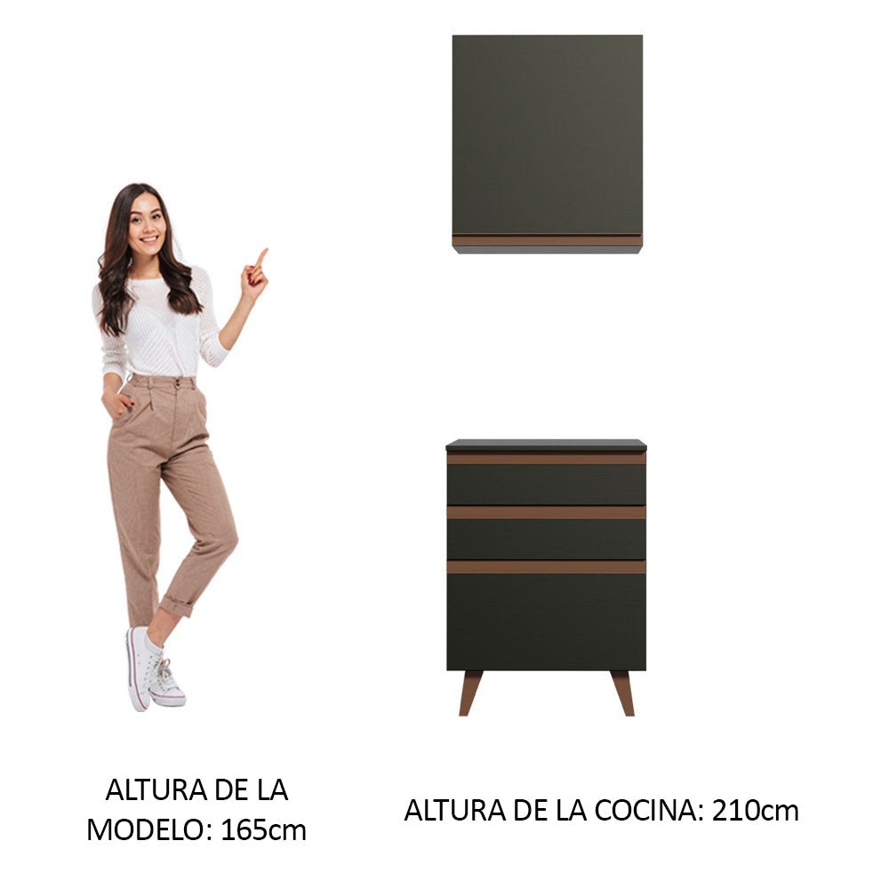 Combo Mueble Superior e Inferior de Cocina Reims Negro 60x210cm con Mesón de Madera Aglomerada MPD y sin Estufa - MUEBLES INFERIORES DE COCINA | Bylmo