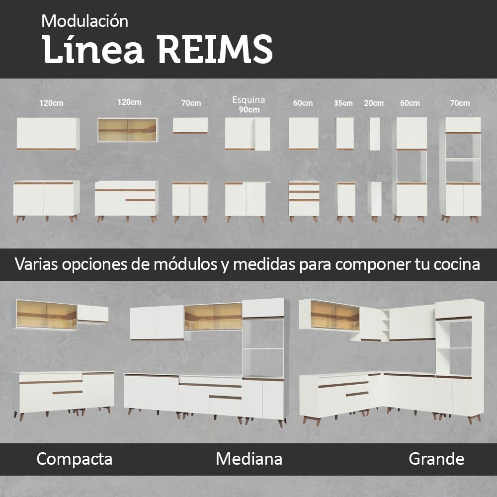 Cocina Integral Modular Reims Blanco 180x210cm con Mesón de Madera Aglomerada Mdp sin Estufa con Tres Cajones y con Nueve Entrepaños - COCINAS | Bylmo
