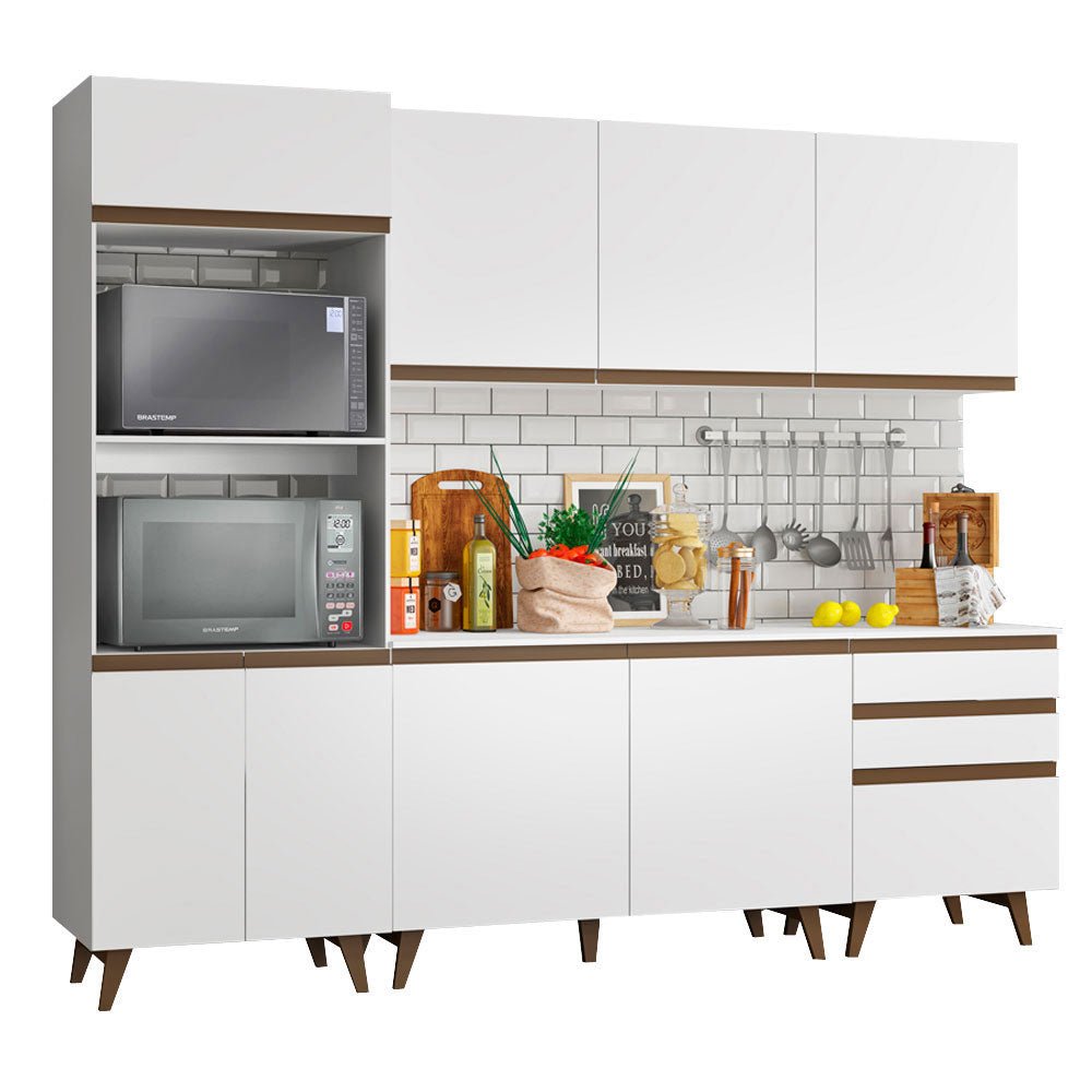 Cocina Integral Modular Reims Blanco 250x210cm con Mesón de Madera Aglomerada Mdp sin Estufa con Tres Cajones y con Catorce Entrepaños - COCINAS | Bylmo