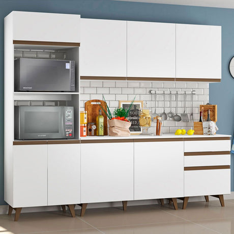 Cocina Integral Modular Reims Blanco 250x210cm con Mesón de Madera Aglomerada Mdp sin Estufa con Tres Cajones y con Catorce Entrepaños - COCINAS | Bylmo