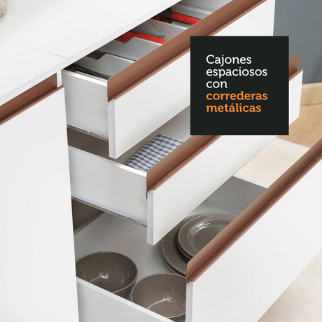 Cocina Integral Modular Reims Blanco 250x210cm con Mesón de Madera Aglomerada Mdp sin Estufa con Tres Cajones y con Catorce Entrepaños - COCINAS | Bylmo