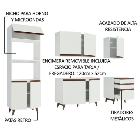 Cocina Integral Modular Reims Blanco 250x210cm con Mesón de Madera Aglomerada Mdp sin Estufa con Tres Cajones y con Catorce Entrepaños - COCINAS | Bylmo