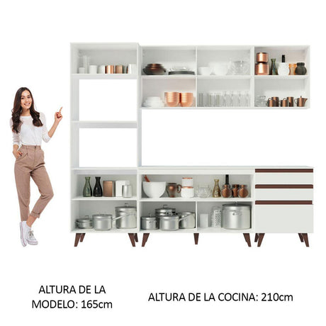 Cocina Integral Modular Reims Blanco 250x210cm con Mesón de Madera Aglomerada Mdp sin Estufa con Tres Cajones y con Catorce Entrepaños - COCINAS | Bylmo