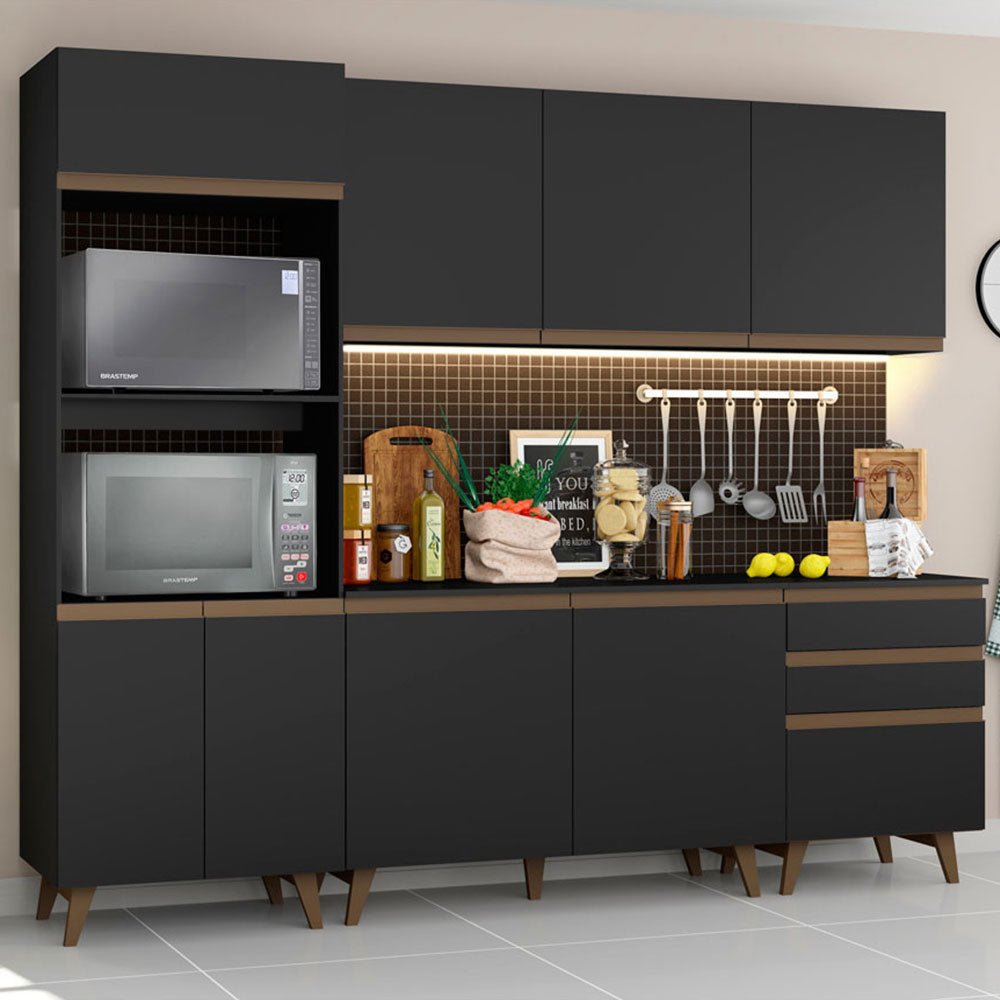 Cocina Integral Modular Reims Negro 250x210cm con Mesón de Madera Aglomerada Mdp sin Estufa con Tres Cajones y con Catorce Entrepaños - COCINAS | Bylmo