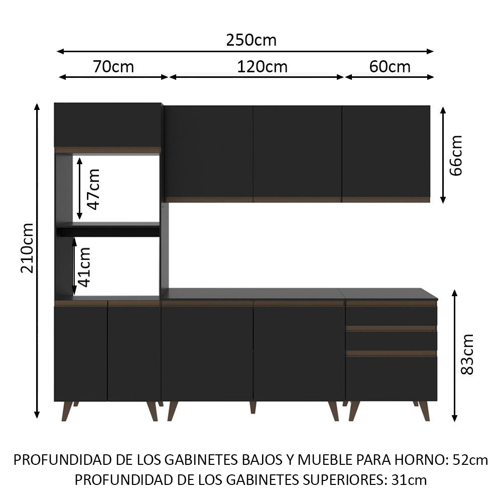 Cocina Integral Modular Reims Negro 250x210cm con Mesón de Madera Aglomerada Mdp sin Estufa con Tres Cajones y con Catorce Entrepaños - COCINAS | Bylmo
