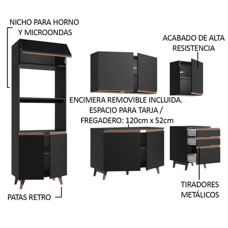 Cocina Integral Modular Reims Negro 250x210cm con Mesón de Madera Aglomerada Mdp sin Estufa con Tres Cajones y con Catorce Entrepaños - COCINAS | Bylmo